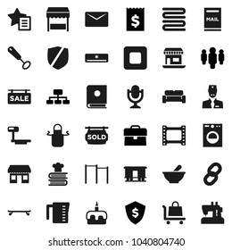 Flat vector icon set - measuring cup vector, apron, towel, whisk, cookbook, cake, case, receipt, man, dollar shield, hierarchy, horizontal bar, skateboard, office, protected, big scales, film frame
