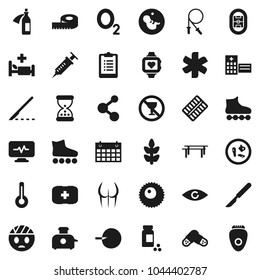 Flat vector icon set - measuring vector, clipboard, pills vial, jump rope, horizontal bar, buttocks, roller Skates, molecule, heart monitor, calendar, cereals, no alcohol sign, first aid kit, oxygen
