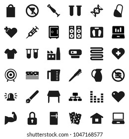 Flat vector icon set - measuring cup vector, towel, jug, pen, laptop graph, safe, hierarchy, scales, muscule hand, t shirt, target, breads, no alcohol sign, fastfood, heart cross, equalizer, vial