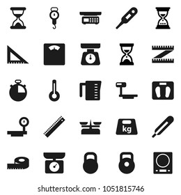 Flat vector icon set - measuring cup vector, scales, corner ruler, sand clock, stopwatch, weight, big, thermometer, store, kitchen