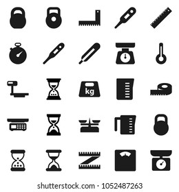 Flat vector icon set - measuring cup vector, scales, corner ruler, sand clock, stopwatch, weight, big, thermometer, store, kitchen
