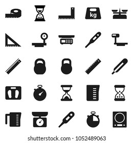 Flat vector icon set - measuring cup vector, corner ruler, sand clock, scales, stopwatch, weight, big, thermometer, store, kitchen