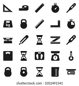 Flat vector icon set - measuring cup vector, scales, corner ruler, sand clock, stopwatch, weight, thermometer, store