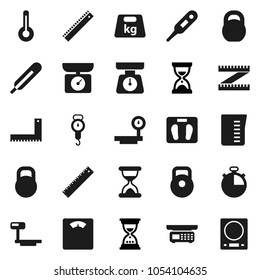 Flat vector icon set - measuring cup vector, scales, corner ruler, sand clock, stopwatch, weight, big, thermometer, store, kitchen