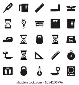 Flat vector icon set - measuring cup vector, scales, corner ruler, sand clock, stopwatch, weight, big, thermometer, store, kitchen