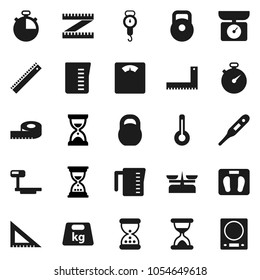Flat vector icon set - measuring cup vector, scales, corner ruler, sand clock, stopwatch, weight, big, thermometer, store, kitchen