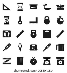 Flat vector icon set - measuring cup vector, scales, corner ruler, sand clock, stopwatch, weight, big, thermometer, store, kitchen