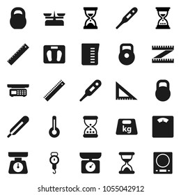 Flat vector icon set - measuring cup vector, scales, corner ruler, sand clock, weight, thermometer, store, kitchen