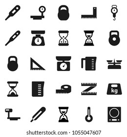 Flat vector icon set - measuring cup vector, scales, corner ruler, sand clock, weight, big, thermometer, store, kitchen