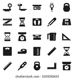 Flat vector icon set - measuring cup vector, scales, corner ruler, sand clock, weight, big, thermometer, store, kitchen