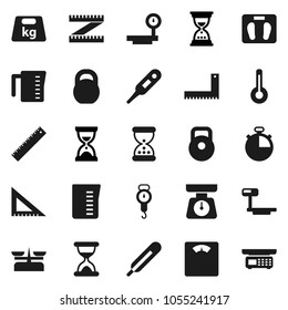 Flat vector icon set - measuring cup vector, scales, corner ruler, sand clock, stopwatch, weight, big, thermometer, store