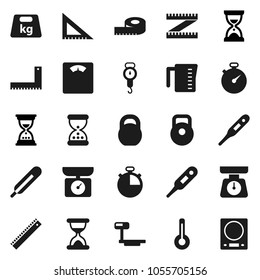 Flat vector icon set - measuring cup vector, scales, corner ruler, sand clock, stopwatch, weight, big, thermometer, kitchen