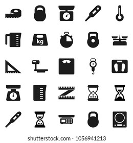 Flat vector icon set - measuring cup vector, scales, corner ruler, sand clock, stopwatch, weight, big, thermometer, store, kitchen
