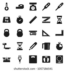 Flat vector icon set - measuring cup vector, scales, corner ruler, sand clock, stopwatch, weight, big, thermometer, store, kitchen