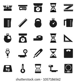 Flat vector icon set - measuring cup vector, scales, corner ruler, sand clock, stopwatch, weight, big, thermometer, store, kitchen