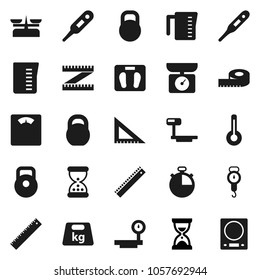 Flat vector icon set - measuring cup vector, scales, corner ruler, sand clock, stopwatch, weight, big, thermometer, store, kitchen