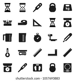 Flat vector icon set - measuring cup vector, scales, corner ruler, sand clock, stopwatch, weight, big, thermometer, store, kitchen
