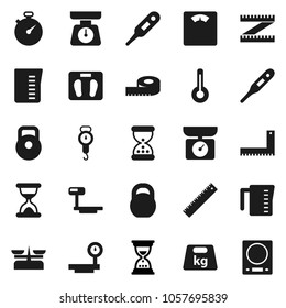 Flat vector icon set - measuring cup vector, scales, corner ruler, sand clock, stopwatch, weight, big, thermometer, store, kitchen