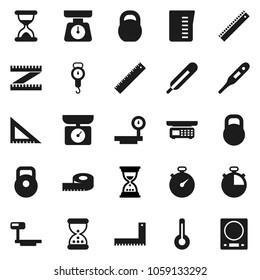 Flat vector icon set - measuring cup vector, scales, corner ruler, sand clock, stopwatch, weight, big, thermometer, store, kitchen