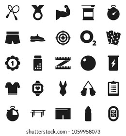 Flat vector icon set - measuring vector, stopwatch, clipboard, pills vial, jump rope, horizontal bar, fitball, muscule hand, snickers, boxing glove, shorts, swimsuite, t shirt, target, medal, breads