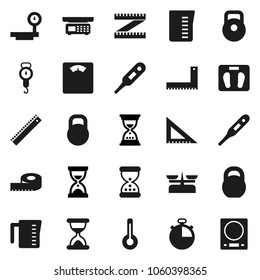 Flat vector icon set - measuring cup vector, scales, corner ruler, sand clock, stopwatch, weight, big, thermometer, store, kitchen