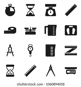 Flat vector icon set - measuring cup vector, scales, ruler, drawing compass, stopwatch, sand clock, store