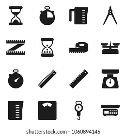 Flat vector icon set - measuring cup vector, scales, ruler, drawing compass, stopwatch, sand clock, store