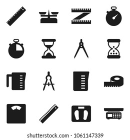 Flat vector icon set - measuring cup vector, ruler, drawing compass, scales, stopwatch, sand clock, store