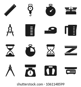 Flat vector icon set - measuring cup vector, scales, ruler, drawing compass, stopwatch, sand clock, store