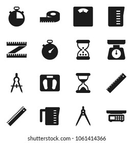 Flat vector icon set - measuring cup vector, scales, ruler, drawing compass, stopwatch, sand clock, store