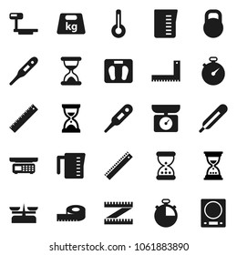 Flat vector icon set - measuring cup vector, corner ruler, sand clock, scales, stopwatch, weight, big, thermometer, store, kitchen