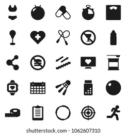 Flat vector icon set - measuring vector, scales, stopwatch, clipboard, pills vial, jump rope, punching bag, fitball, swimsuite, target, sports nutrition, molecule, heart monitor, water bottle, cross
