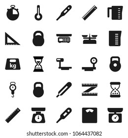 Flat vector icon set - measuring cup vector, scales, corner ruler, sand clock, stopwatch, weight, big, thermometer, store, kitchen
