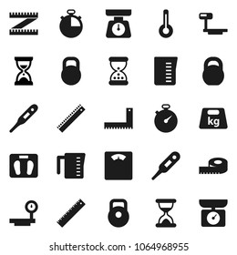 Flat vector icon set - measuring cup vector, scales, corner ruler, sand clock, stopwatch, weight, big, thermometer, kitchen