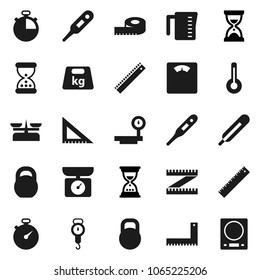 Flat vector icon set - measuring cup vector, scales, corner ruler, sand clock, stopwatch, weight, big, thermometer, store, kitchen