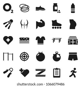 Flat vector icon set - measuring vector, stadium, stopwatch, clipboard, pills vial, hand trainer, horizontal bar, fitball, muscule, buttocks, snickers, shorts, t shirt, roller Skates, target, breads