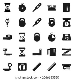 Flat vector icon set - measuring cup vector, scales, corner ruler, sand clock, stopwatch, weight, big, thermometer, store