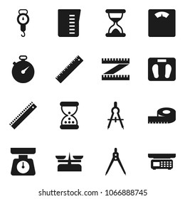 Flat vector icon set - measuring cup vector, scales, ruler, drawing compass, stopwatch, sand clock, store