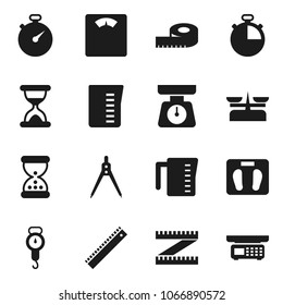 Flat vector icon set - measuring cup vector, scales, ruler, drawing compass, stopwatch, sand clock, store