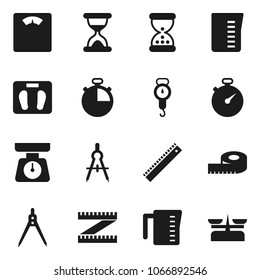 Flat vector icon set - measuring cup vector, scales, ruler, drawing compass, stopwatch, sand clock, store