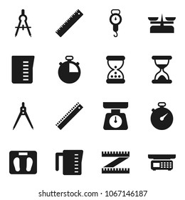 Flat vector icon set - measuring cup vector, scales, ruler, drawing compass, stopwatch, sand clock, store