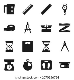 Flat vector icon set - measuring cup vector, scales, ruler, drawing compass, stopwatch, sand clock, store