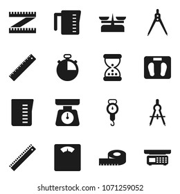 Flat vector icon set - measuring cup vector, scales, ruler, drawing compass, stopwatch, sand clock, store
