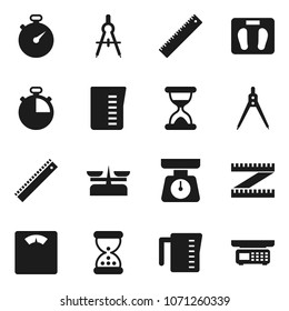Flat vector icon set - measuring cup vector, scales, ruler, drawing compass, stopwatch, sand clock, store