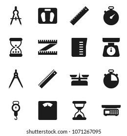 Flat vector icon set - measuring cup vector, scales, ruler, drawing compass, stopwatch, sand clock, store