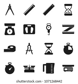 Flat vector icon set - measuring cup vector, scales, ruler, drawing compass, stopwatch, sand clock, store