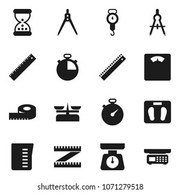 Flat vector icon set - measuring cup vector, scales, ruler, drawing compass, stopwatch, sand clock, store