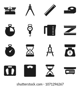 Flat vector icon set - measuring cup vector, scales, ruler, drawing compass, stopwatch, sand clock, store