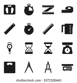 Flat vector icon set - measuring cup vector, scales, ruler, drawing compass, stopwatch, sand clock, store