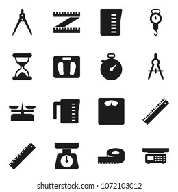 Flat vector icon set - measuring cup vector, scales, ruler, drawing compass, stopwatch, sand clock, store
